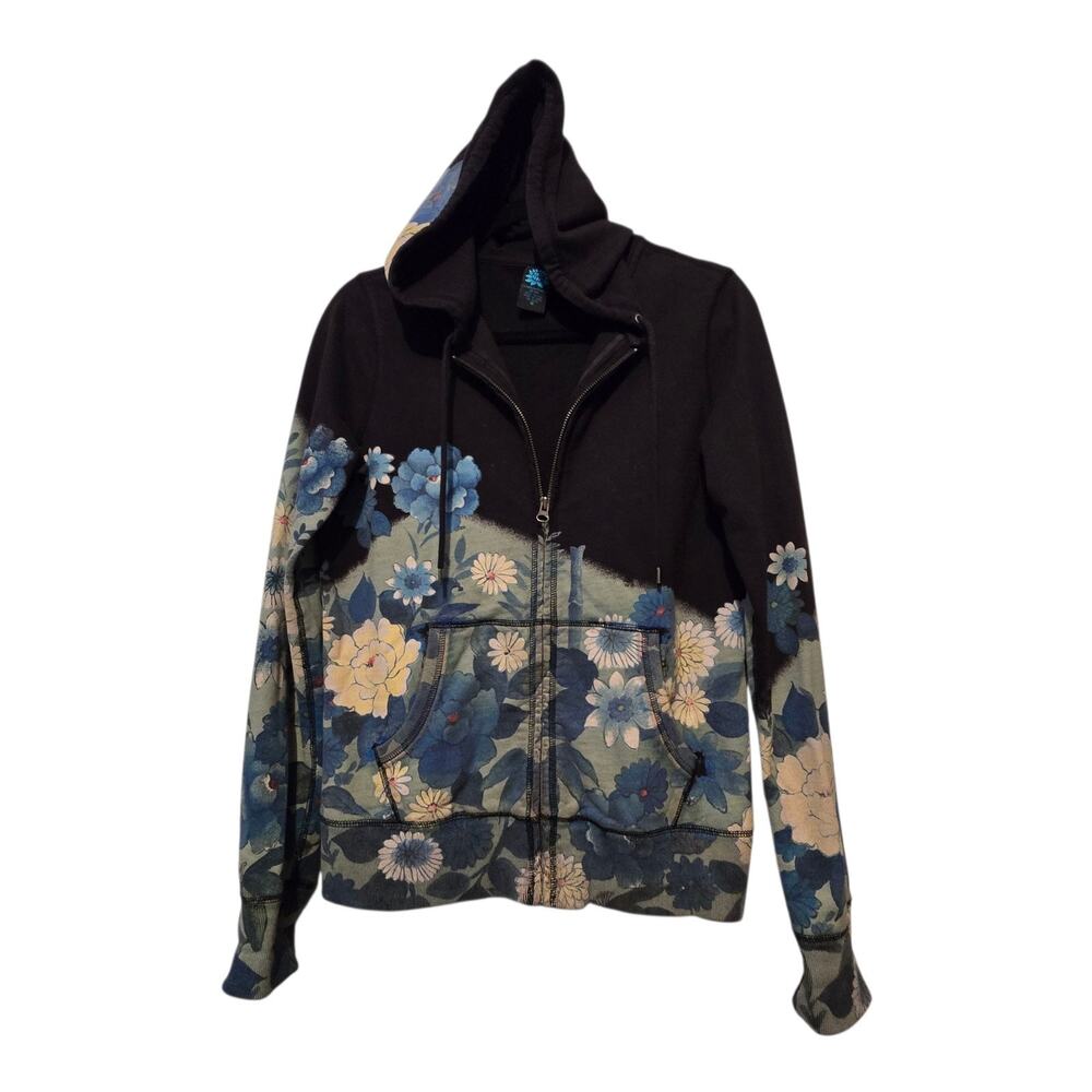 Vtg 90s Y2K Lucky Brand Asian Floral Hoodie MED Navy Streetwear Grunge Pockets